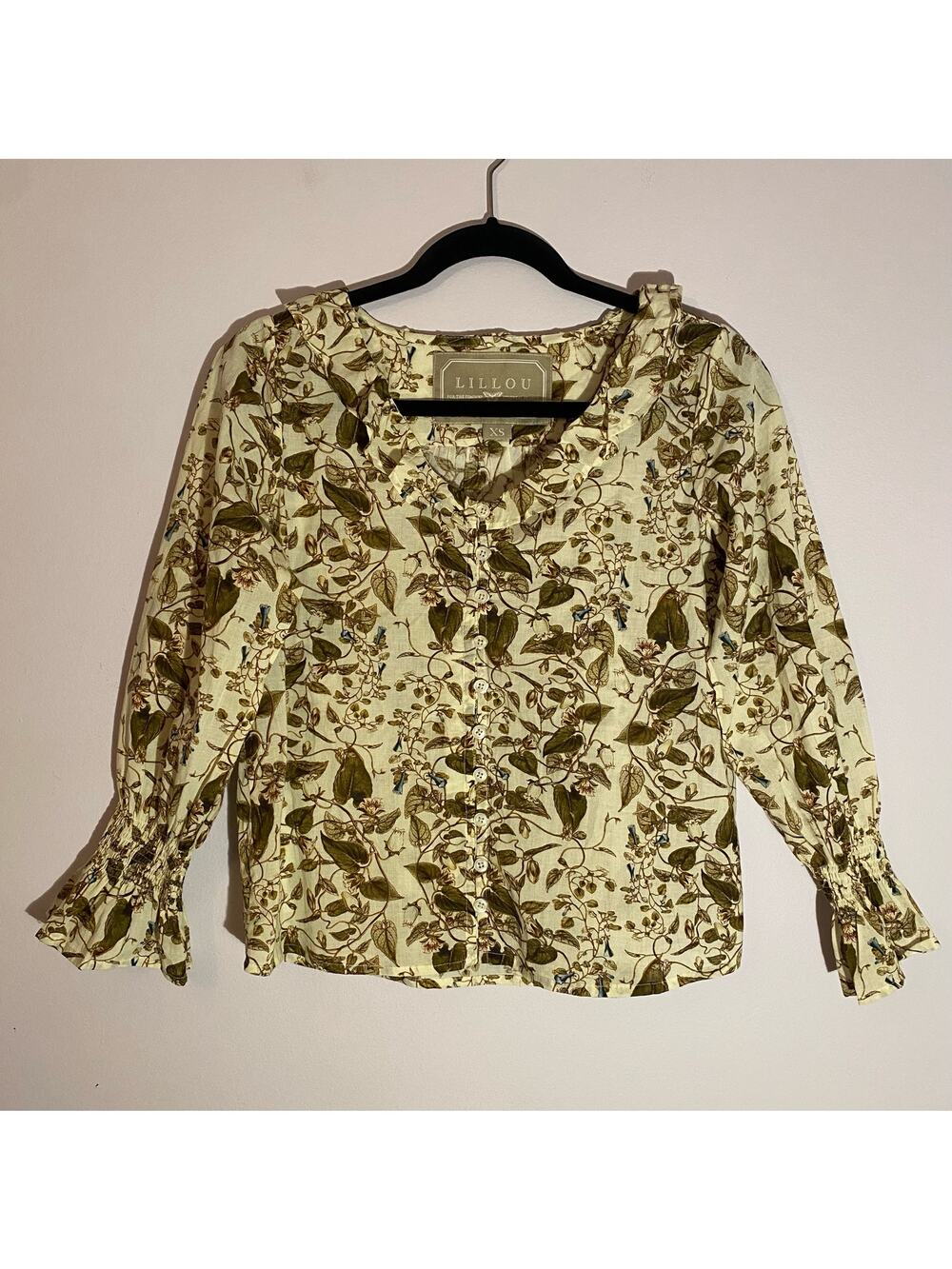 Lillou Golden Vines Floral Cotton Button Up Feminine Blouse Top Women's size XS